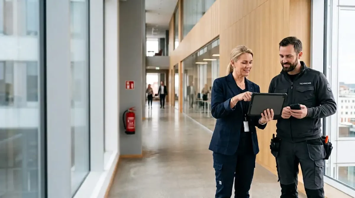 Två fastighetschefer som jobbar i fastighetssystemets appar